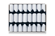 Load image into Gallery viewer, White Christmas crackers with dark blue bow