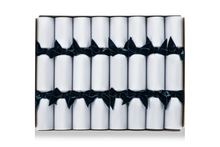 Load image into Gallery viewer, White Christmas crackers with dark blue bow
